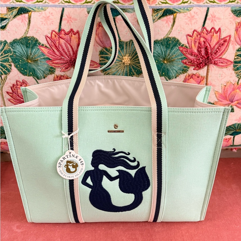 Spartina 449 Seafoam Tote with Navy Mermaid